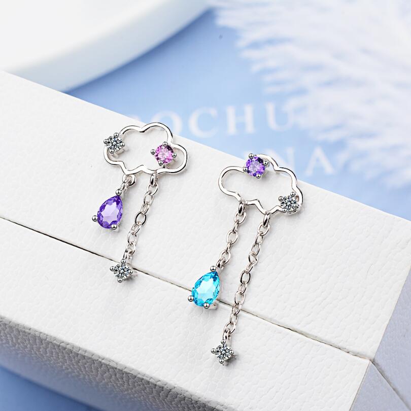 Wolken Asymmetrische Kwastje Water Druppels Zirkoon Oorbellen Voor Vrouwen Trend Creatieve 925 Sterling Zilveren Sieraden Oorbellen SAE436