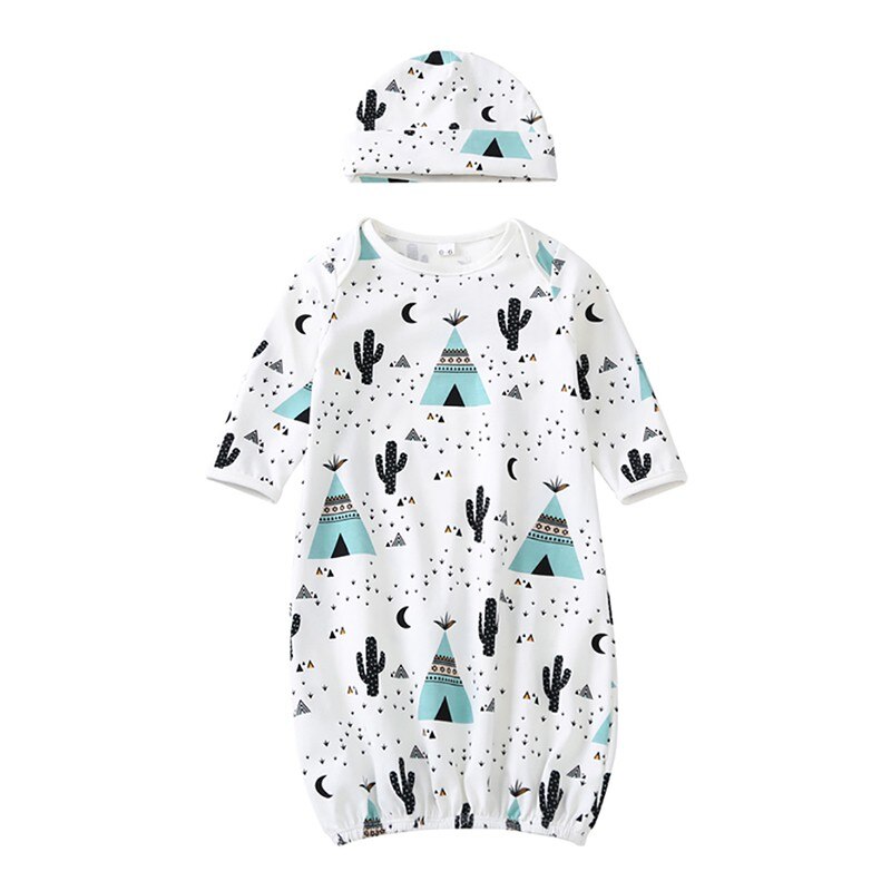 Spring Autumn Cotton Casual Baby Pajamas Sets Long Sleeve Print Infant Baby Nightclothes Night Gown + Hat 2Pcs Sleepwears: A / 6M