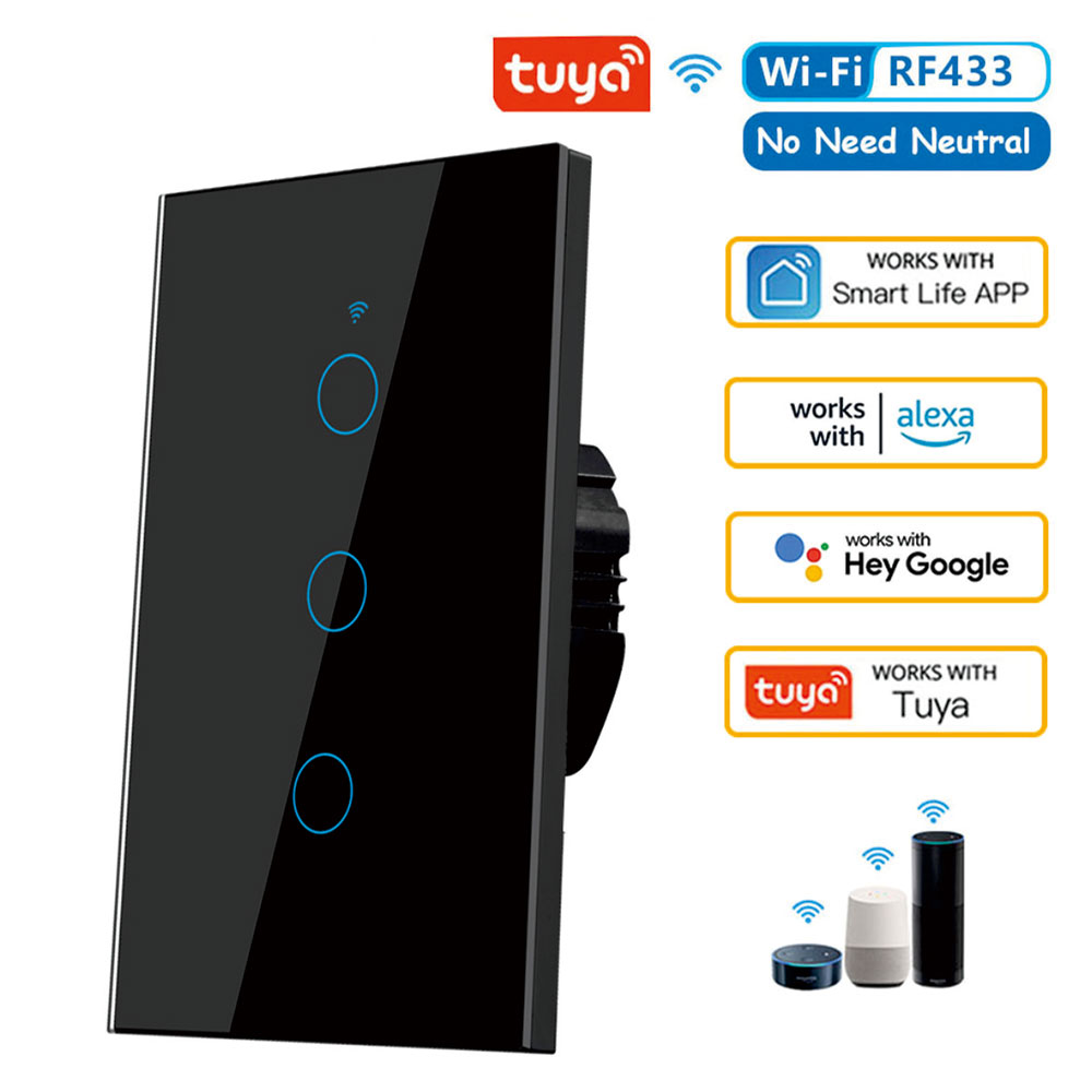 Tuya US WiFi Smart Wall Switch RF433 1/2/3/4 Gang No Neutral Wire Touch Sensor LED Light Switches Smart Home Alexa Google Home: Bundle7