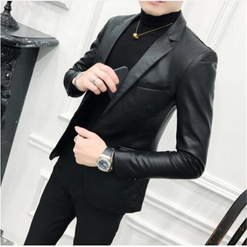 Solid Black Slim Fit Blazer Hombre Pu Leren Jas Mannen Een Knop Business Casual Prom Blazers Voor Mannen Koreaanse Pak jas