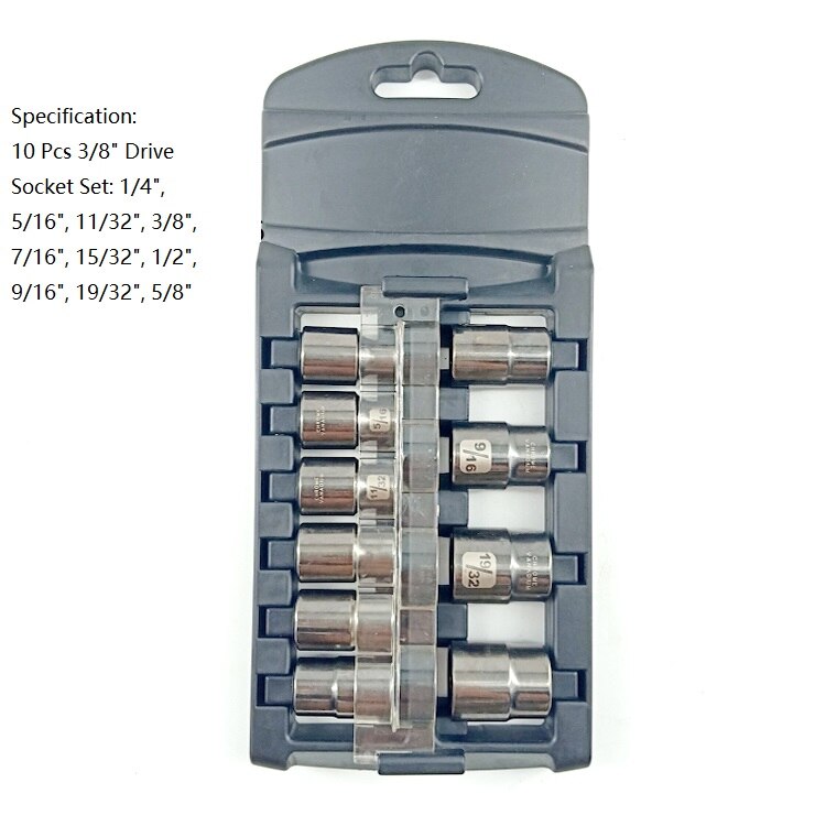 10 Pcs 3/8 Inch Drive CRV and Black Nickel Imperial Socket Set With Anti-Theft Plastic Rack