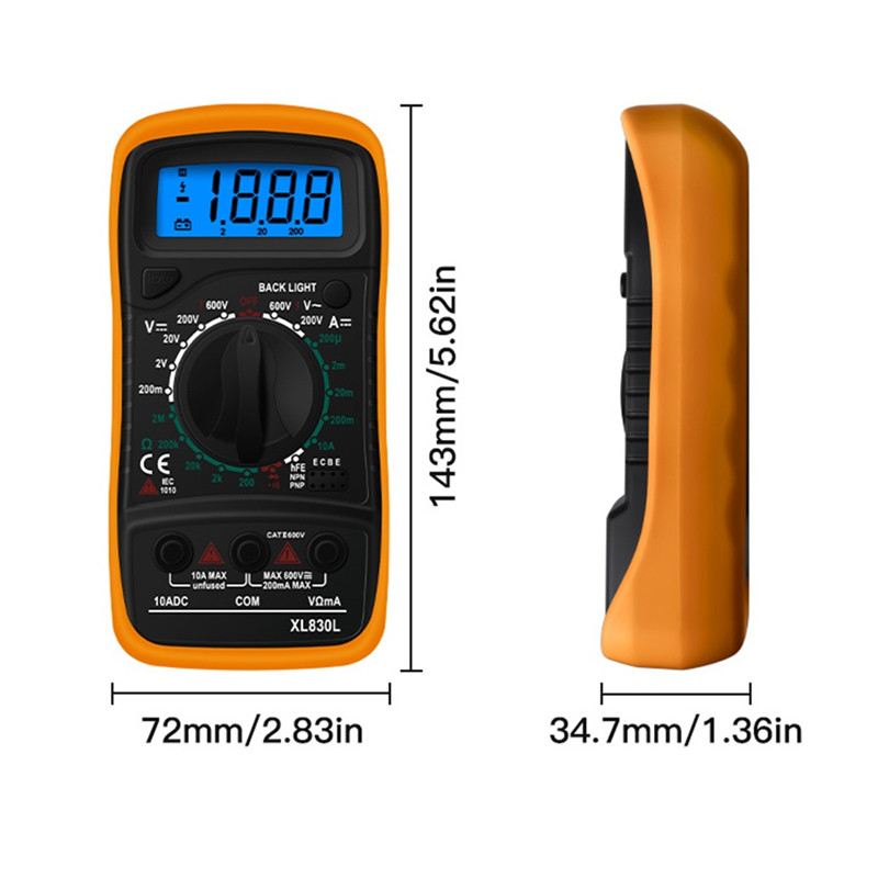 Portable Digital Multimeter Backlight AC/DC Ammeter Voltmeter Ohm Tester Meter XL830L Handheld LCD Multimetro