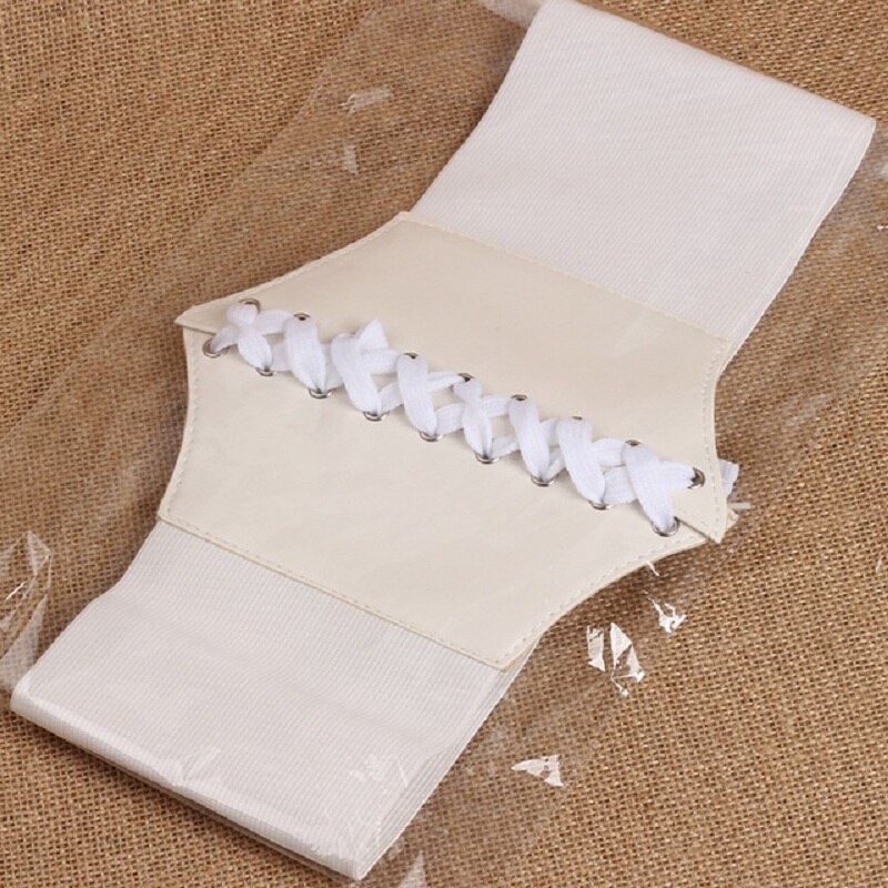 Elastische stretch brede band korset tailleband voor dames, zwart met vetersluiting: Wit