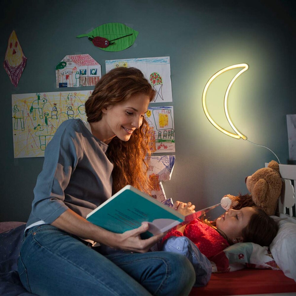 Decorative LED Crescent Moon Neon Light Sign Neon Wall Light up Sign Art Decor LED Sign for Xmas Bedroom Home Kids' Birthday