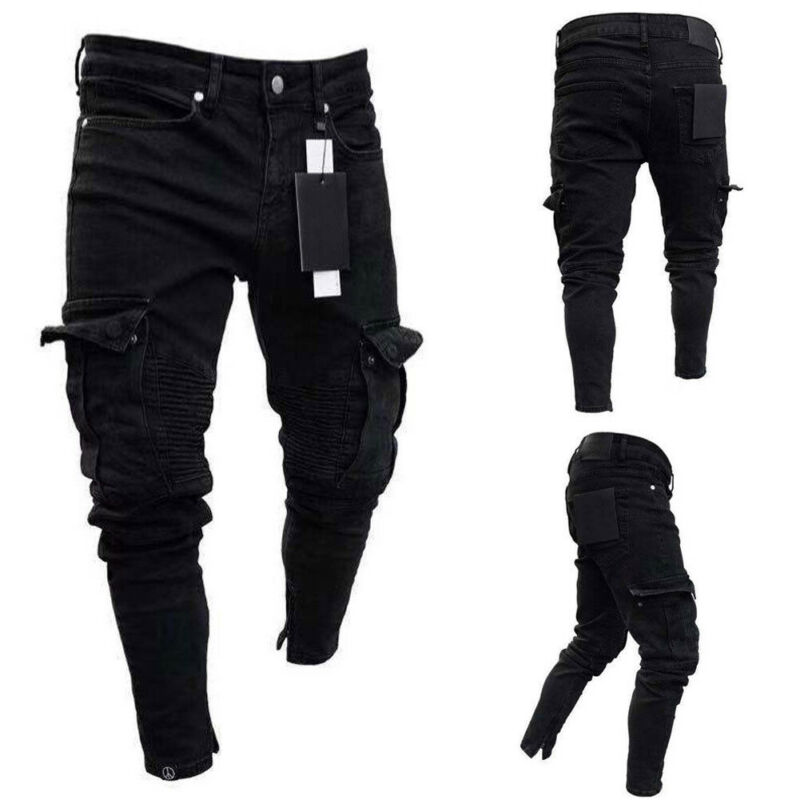 noir Jean hommes Denim Skinny Biker Jeans détruit effiloché Slim Fit poche Cargo crayon pantalon grande taille S-3XL
