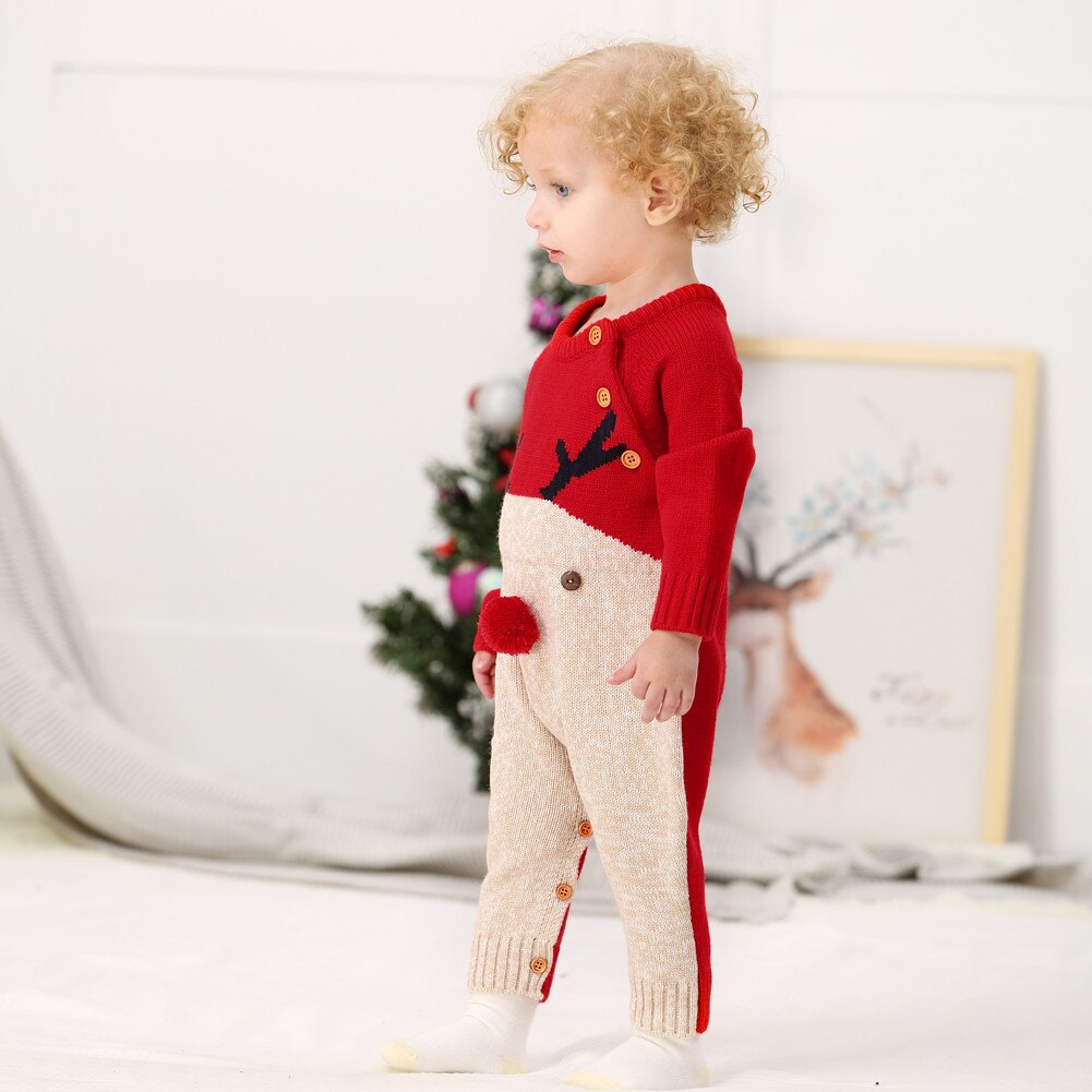 Jongens Meisjes Kerst Rompertjes Rendier Gebreide Ronde Kraag Vest Jumpsuits Baby Jaar Kostuum Kid Warme Wollen Kleding 0-2Y