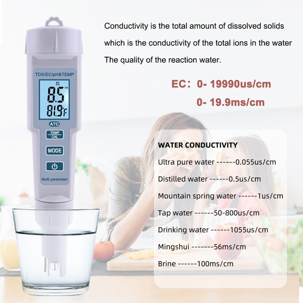 4 in 1 PH/TDS/EC/Temperature Meter PH Meter Digital Water Monitor Tester for Pools, Drinking Water, Aquariums