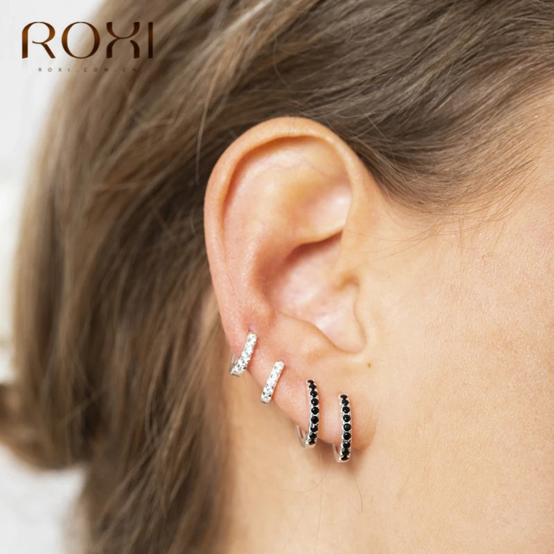 ROXI Simple belle fille Huggies petits cerceaux boucles d'oreilles 925 en argent Sterling cristal Zircon rangée Huggie boucles d'oreilles pour femmes bijoux