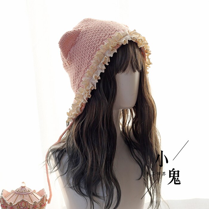 Lindo gato japonés orejas Lolita suave hermana gorro lana gorro niñas Otoño Invierno Kawaii sombrero de encaje atado cálido sombrero hecho a mano tocado: Pink