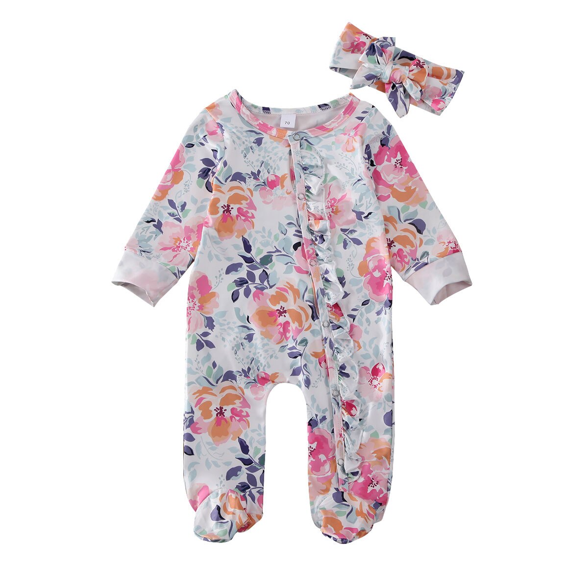 Tenues pour -né filles et garçons de 0 à 6M, bandeau imprimé Floral, manches longues, à volants et boutonnage unique: WHITE / 3M