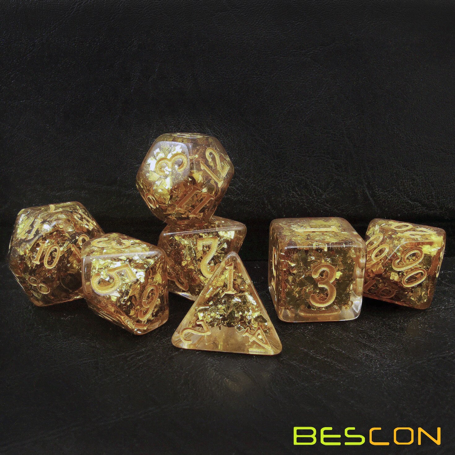 Bescon Dense-Core Polyhedral Dice Set of Golden, RPG 7-dice Set in Brick Box Packing