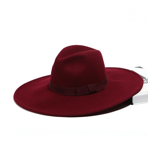 Men Fedora Hat Australia Wool Women's Hats 12cm Large Brim Woolen Hat for Classic Church Wool Felt Hat: wine