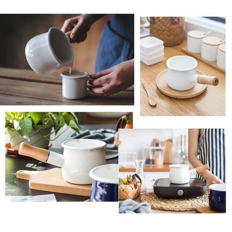 Bandeja de leche esmaltada, Mini calentador de mantequilla 10cm esmaltado cacerola sartén utensilios de cocina con mango de madera, tamaño perfecto para calentar más pequeño L