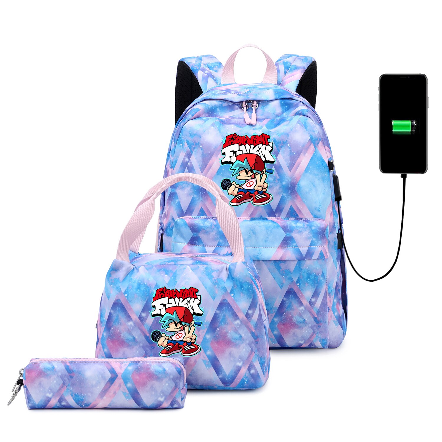 Funkin-mochilas escolares para adolescentes, niños y niñas, juego de Mochila de viaje con carga USB, bolsa de libros para estudiantes, Juego de 3 unids/set: 002