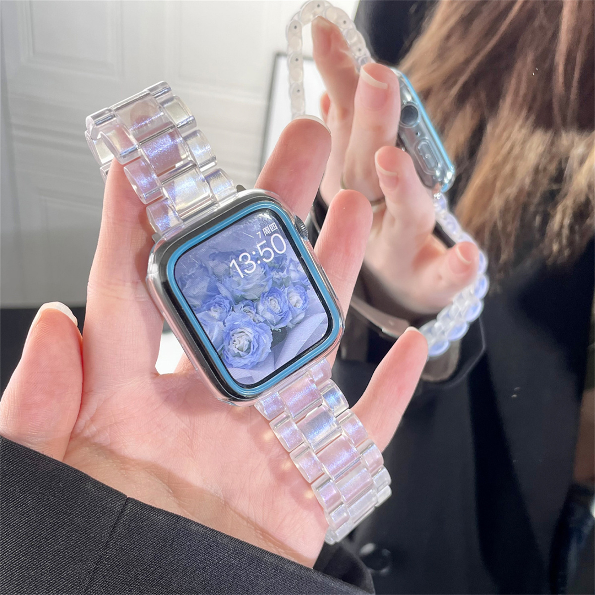 Resin urrem til apple watch series 10 9 8 7 6 rem 41mm 49mm klar rem stål iwatch  se 44mm 40mm 45mm 46mm 42mm ultra 2