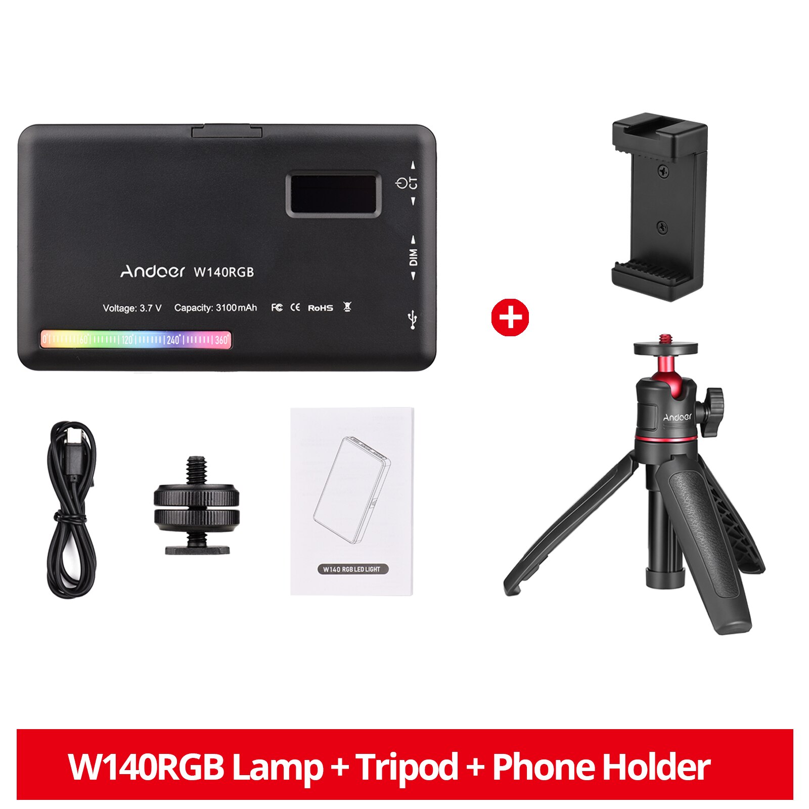 Andoer W140 RGB LED Video Light Rechargeable Photography Fill Light CRI95+ 2500K-9000K 20 Lighting Effects for Video Shooting: Tripod Kit