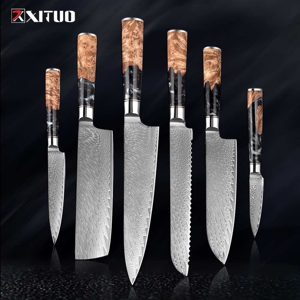 XITUO – ensemble de couteaux de cuisine en acier damas, couteau de chef japonais, couperet à pain utilitaire en résine et manche en bois stabilisé