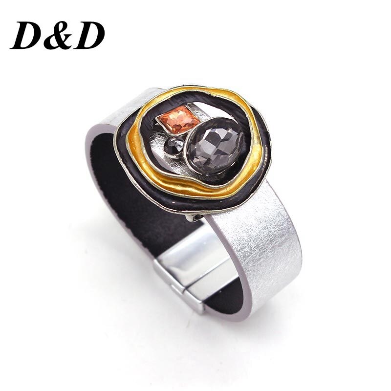 D & D Breite Leder Kristall Leder Armbänder für Frauen modisch Metall Charme Breite Manschette Armbinde Femme Schmuck