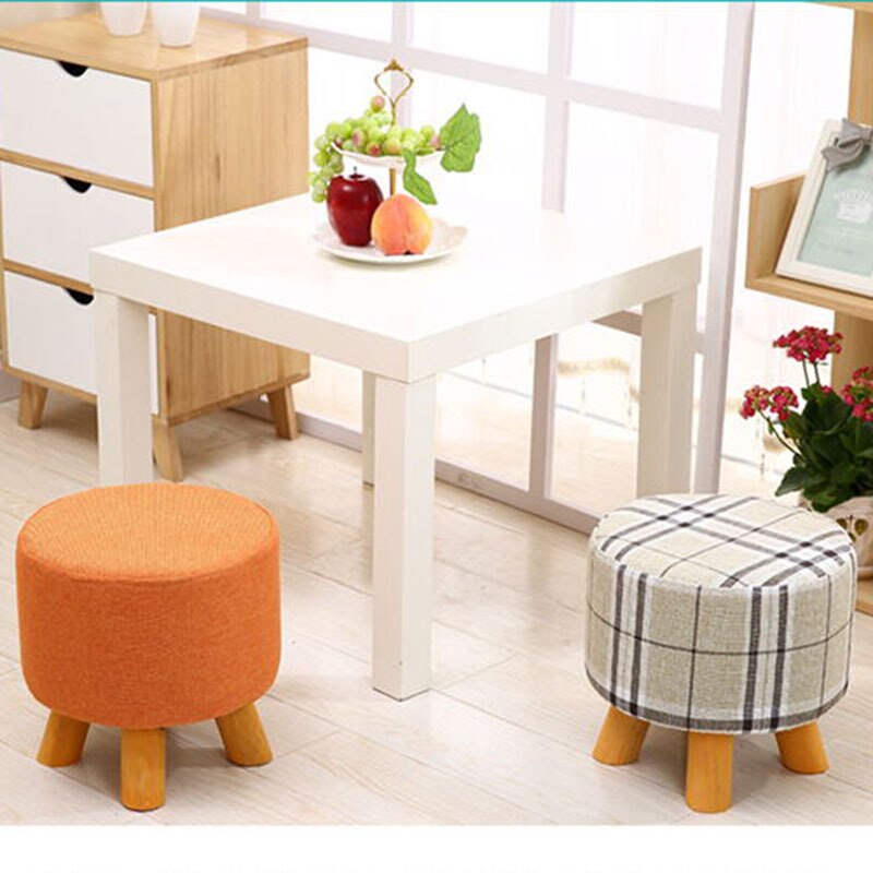 Petit tabouret rond en tissu pour changer les chaussures, banc rond à quatre pieds en bois massif