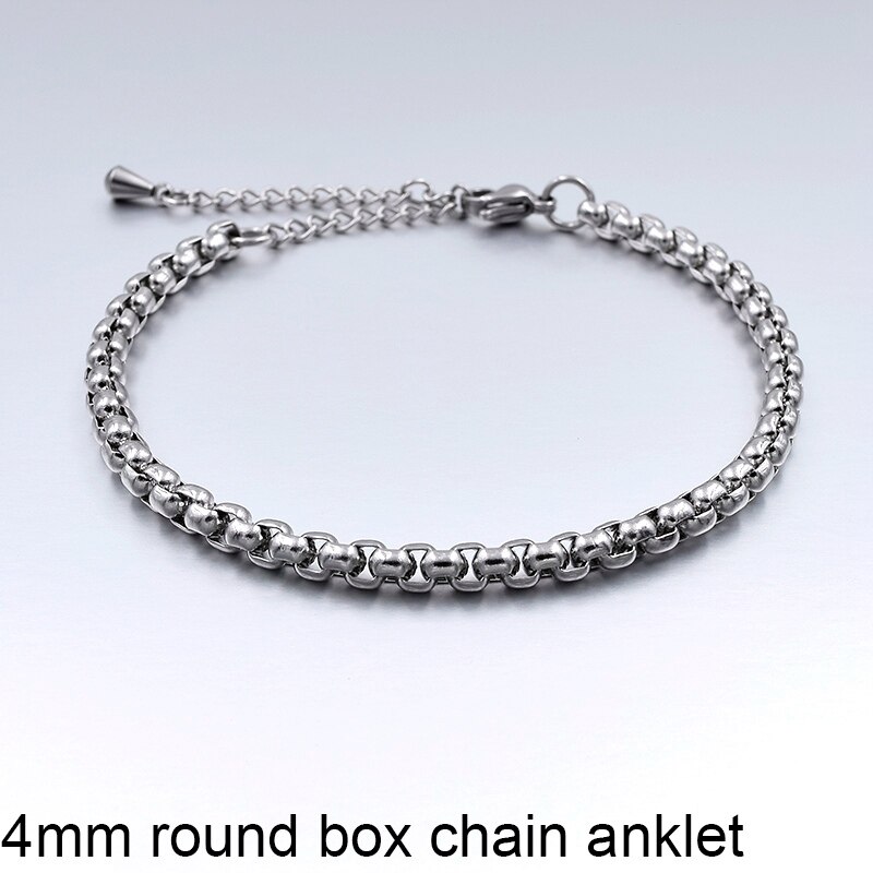 Tobillera de acero inoxidable para hombre y mujer, pulsera de tobillo para la playa, cadena para la pierna, Color plateado,: 4mm Round Box chain