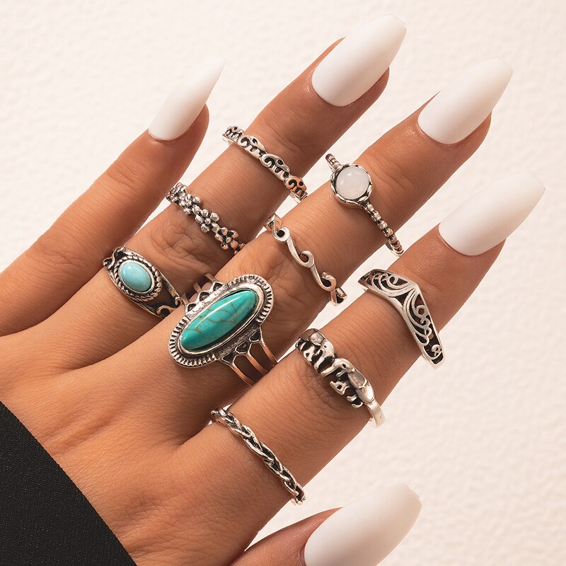 Tocona 9 Stks/set Boho Olifant Bloem Golf Gesneden Knuckle Midi Vinger Ringen Set Voor Vrouwen Antiek Zilver Kleur Ringen Sieraden 3589