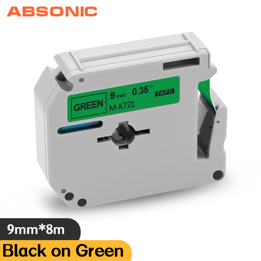 Absonic 8 Color 9mm Label Tape MK-121 MK-221 MK-421 MK-521 MK-621 Printer Ribbon Black on White For Brother Ptouch PT-80 Label M: Black on Green / 9mm