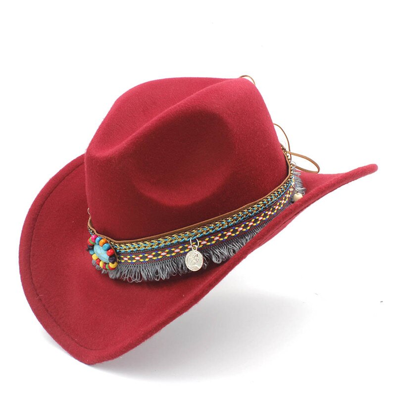 Barneull hule western cowboy lue dusk belte barn jente jazz cowgirl sombrero cap størrelse 52-54cm i 4-8 år: Vinrød