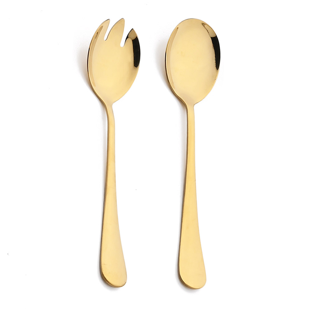 Cuchara para ensalada negra, tenedor de acero inoxidable para ensalada, postre, juego de cubiertos, cucharas para servir, accesorios de utensilios de cocina, vajilla, 2 uds.: Rojo