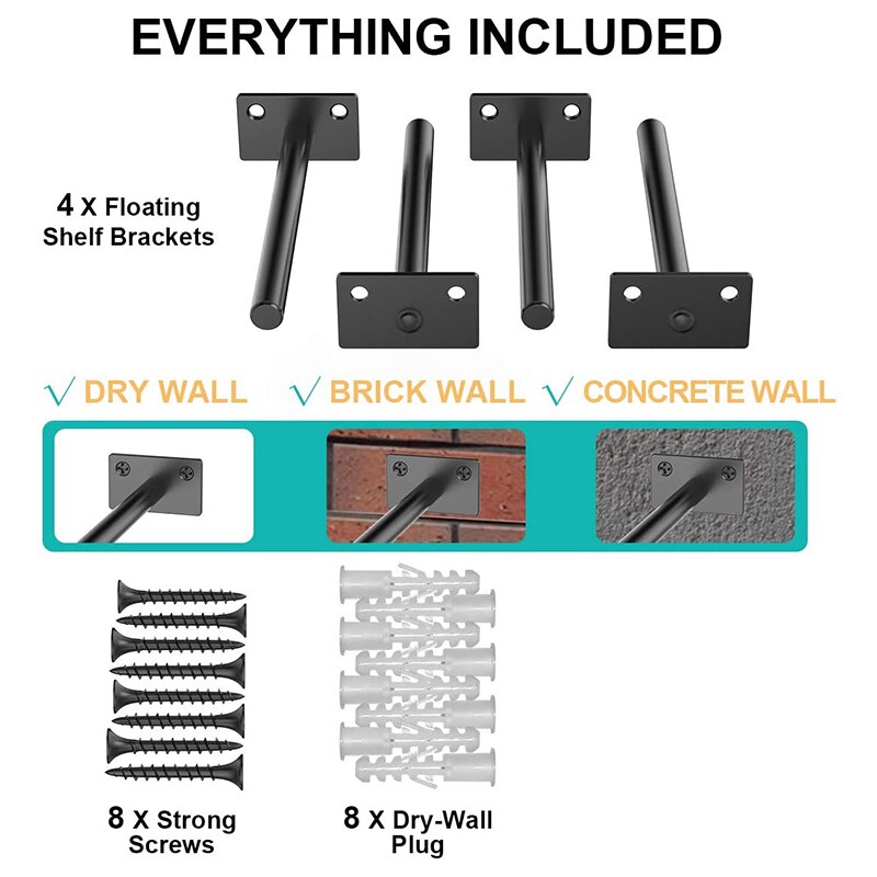 Floating Shelf Brackets, 6 Inch Heavy Duty Shelf Supports with ½ Inch Diameter - 4X Brackets, 8X Screws, 8X Anchors - Easy Wall