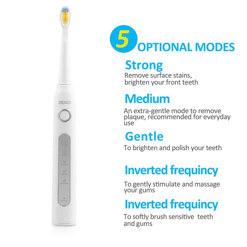 Adulto sônico escova de dentes elétrica seago SG-507 recarregável 5 modos profunda oral limpo macio dupont cerdas cabeças escova
