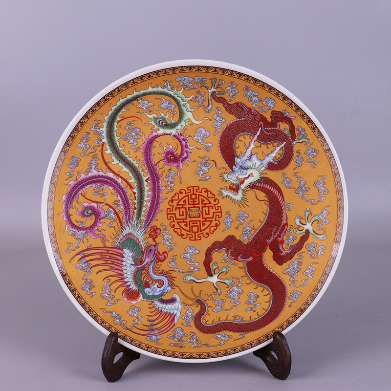 Qing Dynasty Qianlong pastel gold dragon and phoenix pattern plate antique handicraft porcelain home decoration ornaments plate