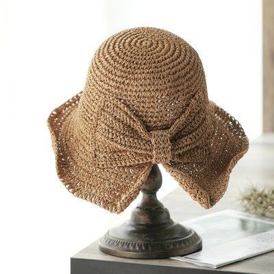Förälder-barn raffia rosett solhatt bred brätte diskettiga sommarhattar för kvinnor strand panama halmkupol hinkhatt femme shade hatt: Kaki / Vuxen 56 -58cm
