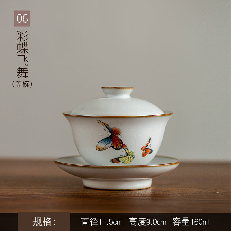 160Ml Ru Kiln Gracked Glazuur Sancai Terrine Master Cups Handgeschilderde Bloemen En Vogel Gaiwan Da Hong Pao Theewaar kantoor Decoratie: F