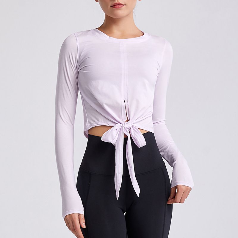 Damen-t-shirts für herbst und winter, geknotetes yoga-sporttop, dehnbar, dünn, schnelltrocknend, eng anliegend, lange ärmel, rundhalsausschnitt, trainingskleidung: D / M