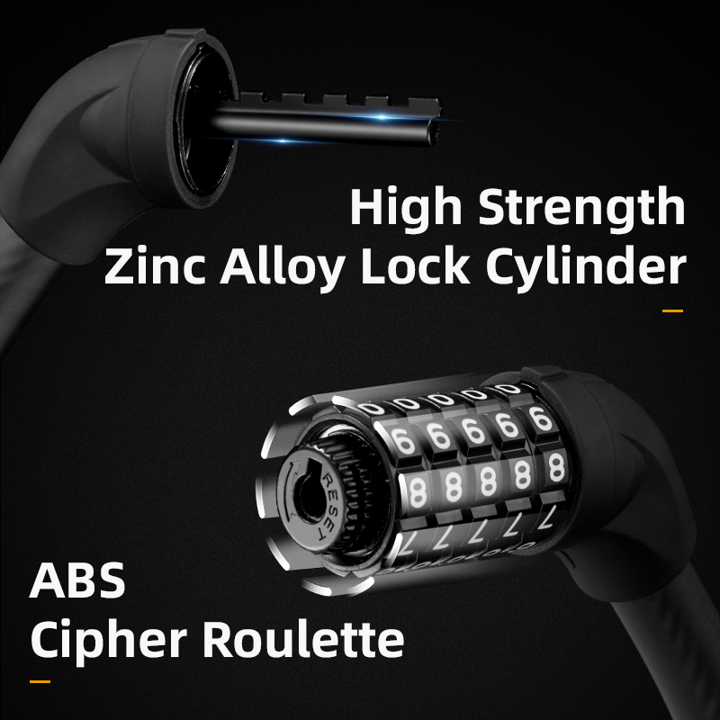 ROCKBROS Bike Lock Five-digit Code Anti-theft 1.72CM Bold 87CM Steel Cable Password Lock PVC Wrapped Lock MTB Road Accessories