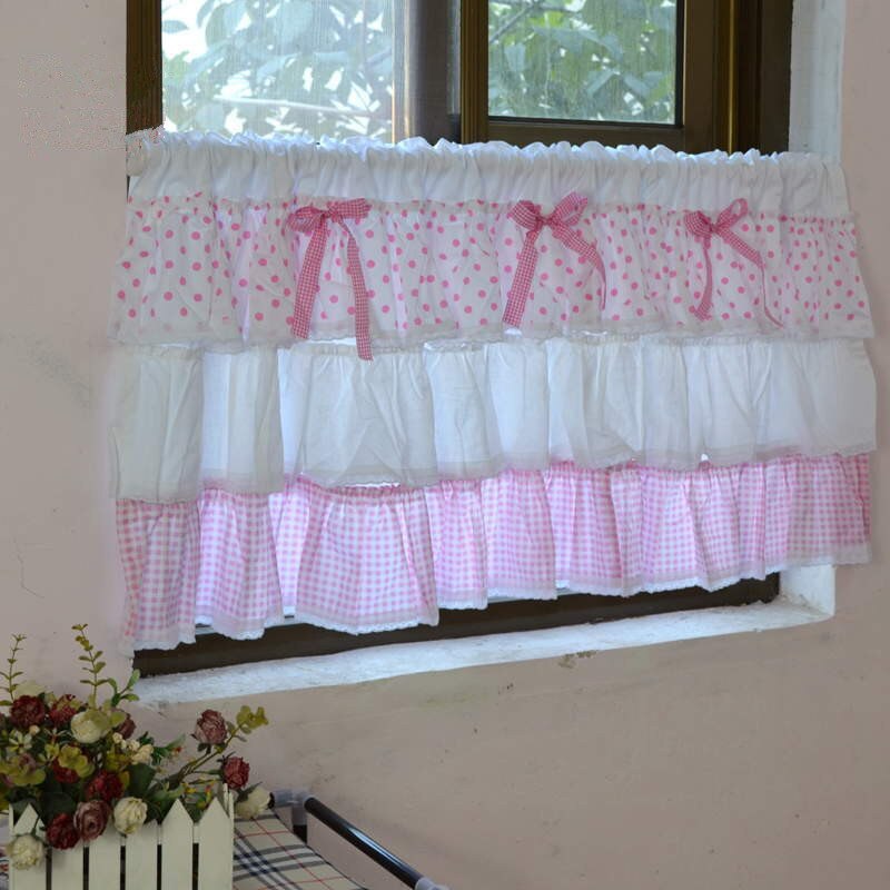 Romanttinen vaaleanpunainen ruudullinen &amp;pistekakku tyyli taitteet koristeellinen puuvillainen lyhyt verho keittiöverho väliseinäverho 50*150cm