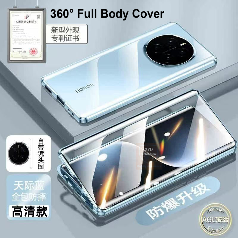 For Honor Magic7 Pro Magic 7 Case Tempered Glass Cover Case For Honor Magic 7 Pro 360 Full Body Flip Metal Magnetic Double Sided: Acrylic / SKY BLUE