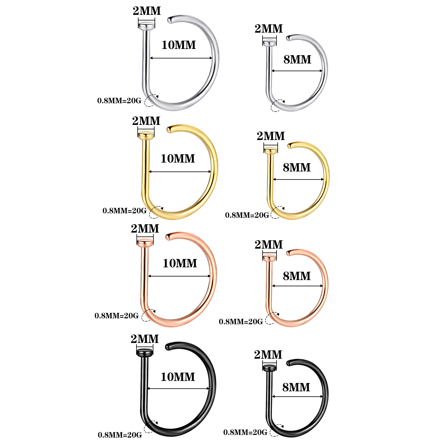 Aro de tornillo para nariz de 20G, aro hipoalergénico de acero inoxidable en forma de D, joyería para Piercing para nariz para mujeres y hombres