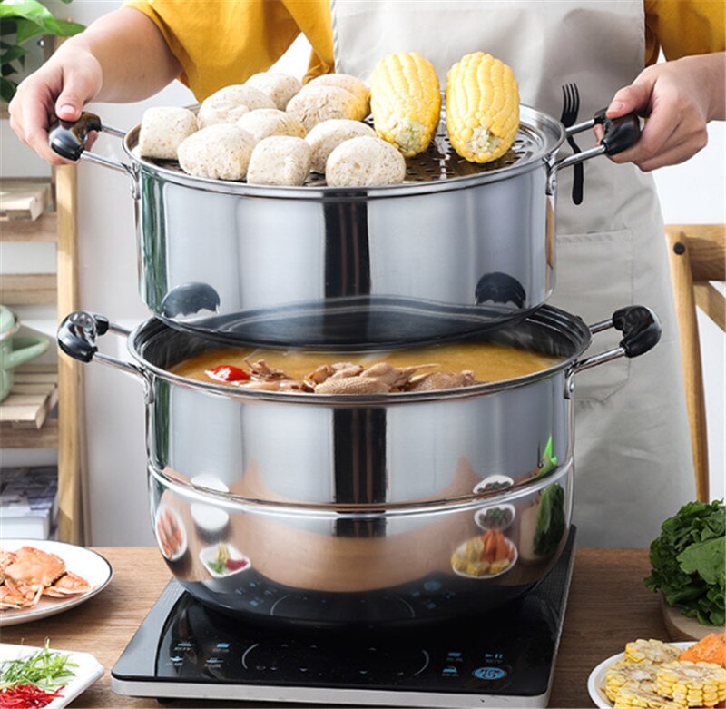 Roestvrij Staal Twee Drie Layer Dikke Steamer Pot Soep Stoom Pot Universele Kookpotten Voor Inductie Kookplaat Gasfornuis Stoom pot