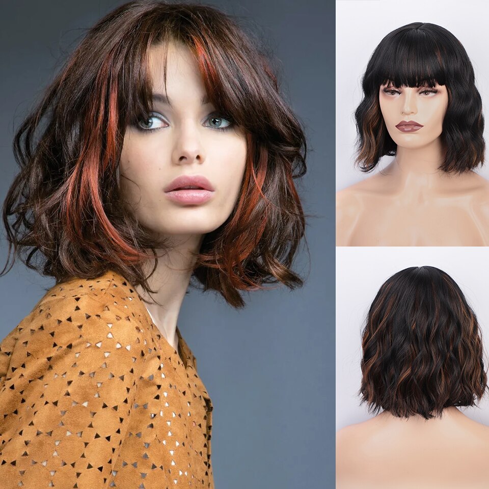 SUe EXQUISITE Wavy Wig 12'' Short Bob Wigs With Air Bangs Shoulder Length Women's Curly Wavy Short Wig for Halloween Costume