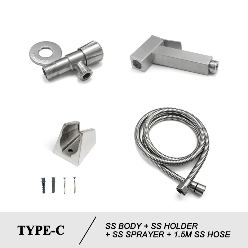 Brushed Steel Douche Kit Hand Held Bidet Sprayer Portable Toilet Bidet Faucet Shattaf Valve Jet Set Bathroom Hygienic Shower: C Set with SS Hose