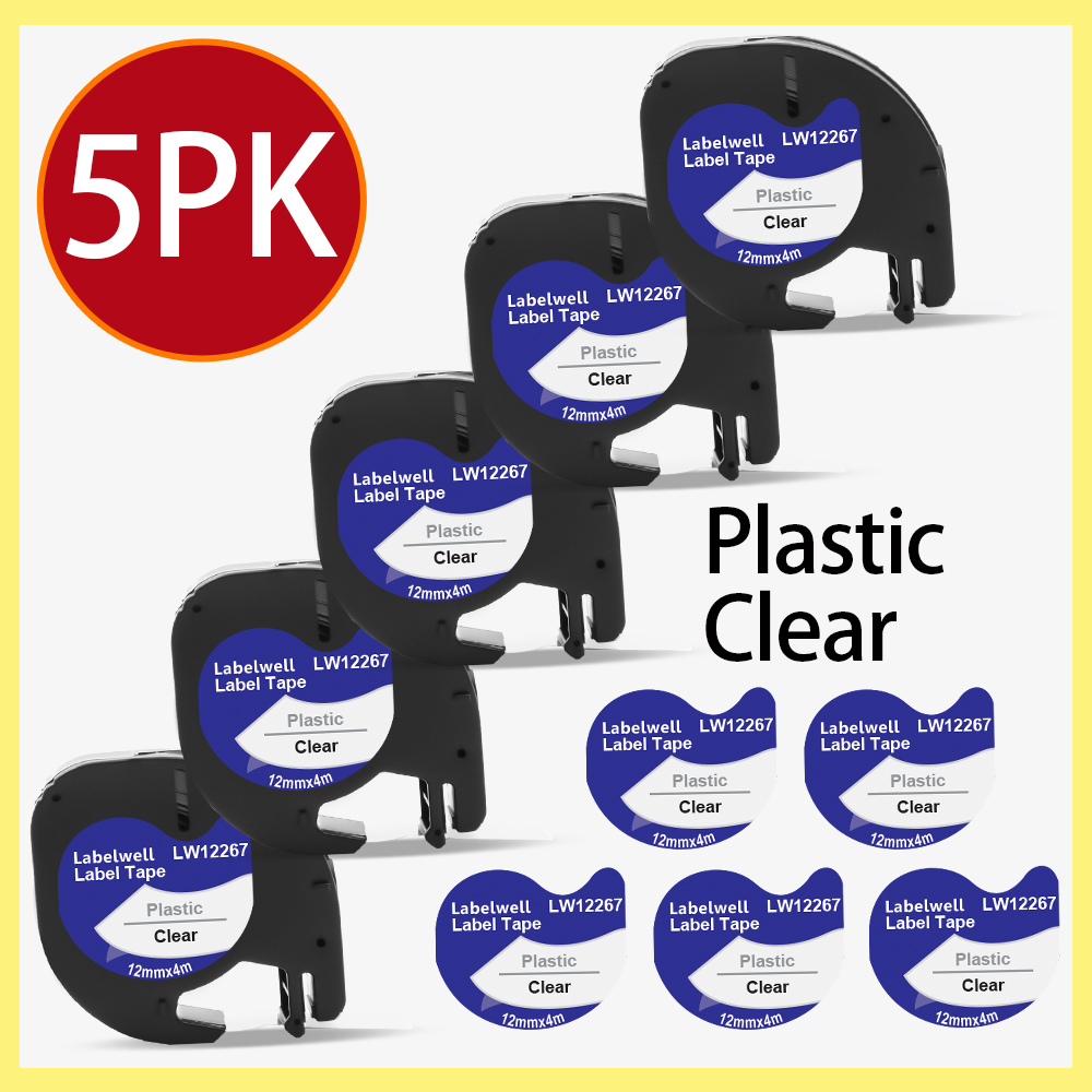 Labelwell 7PK 91202 91222 91332 plastikowa etykieta dla Dymo LT 12mm taśmy LT 91201 91200 91203 91204 12267 dla Dymo LetraTag LT-100H: 5PK 12267 Clear