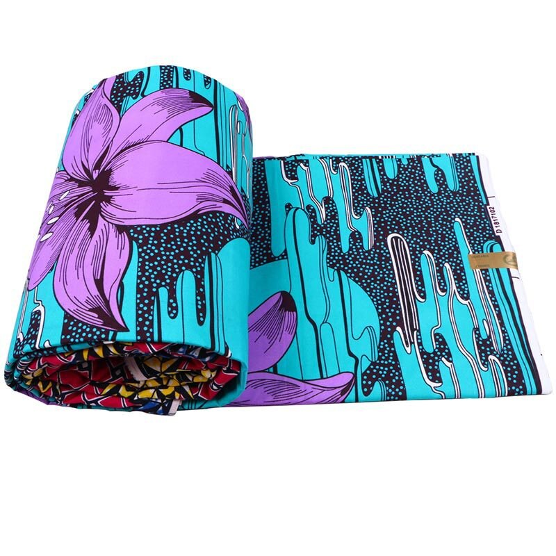 Veritable Wax Purple Lily Print Green Fabric African Wax Print Fabric 6Yards\set