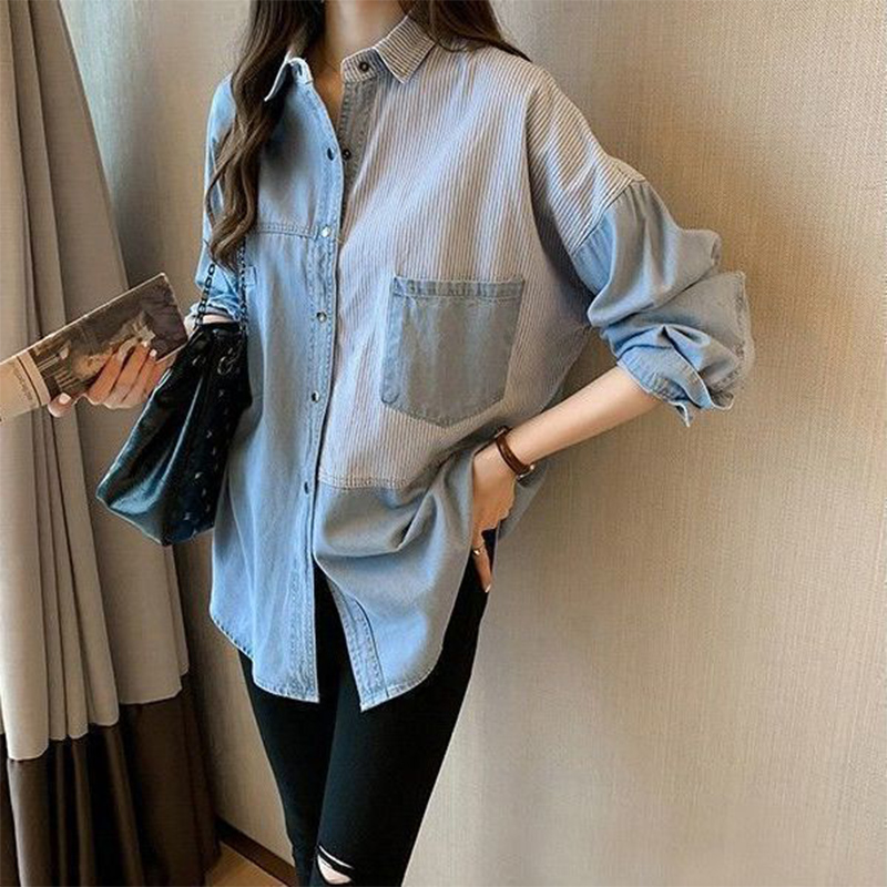 Camisa vaquera de retazos a rayas para mujer, blusa holgada de manga larga con botones que combina con todo, cárdigan informal para primavera y otoño