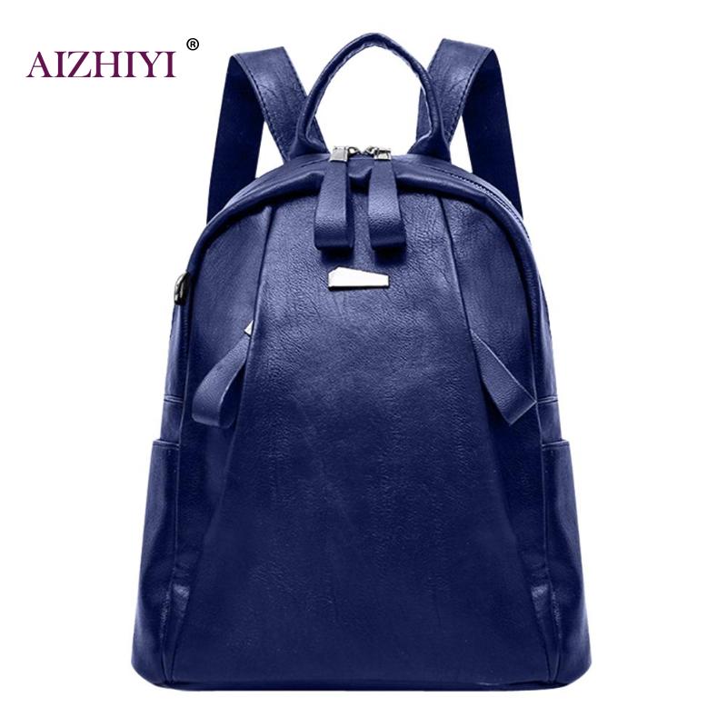 Women Solid PU Leather Backpacks Mochila Escolar Teenagers Zipper School Bags Girls Teenage Travel Casual Shoulder Bag Rucksack: Blue