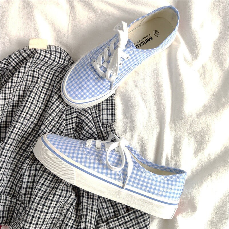 Chaussures en toile de damier bleu authentique pour femmes, baskets de skateboard, plates vulcanisées pour filles