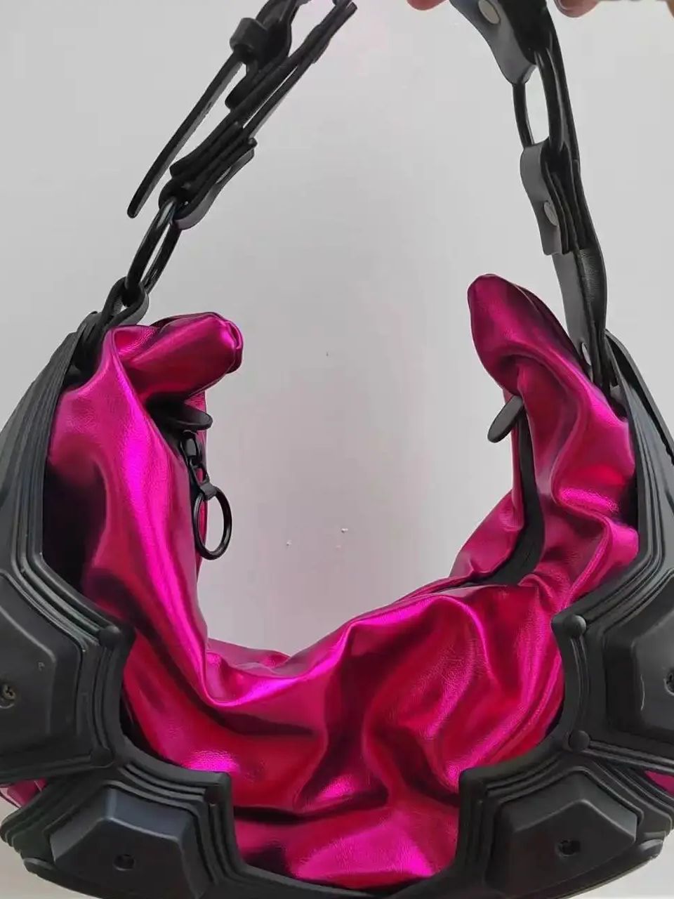 Zomerse metallic leren handtas hobo tas zilver/zwart/felroze schoudertas: Roze