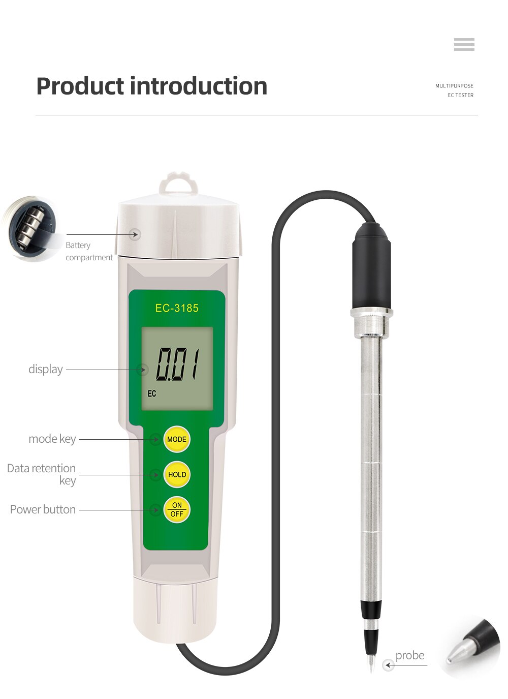 Testeur de Sol EC‑3185 Portable EC-TDS-CF Compteur de Salinité pour Plantation Horticole Testeur de Sol EC‑3185 Portable EC-TDS-CF Compteur de Salinité pour Plantation Horticole