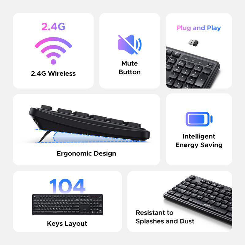 UGREEN Wireless Keyboard 2.4G 104 Keys Ultra-Slim US RU Layout Wireless Keyboard Black for PC Laptop Desktop