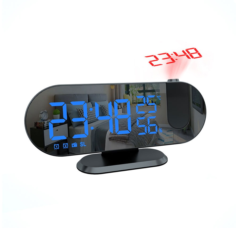 LED Digital Mirror Alarm Clock Watch Table Electronic Desktop Clocks USB Wake Up FM Radio Time Projector Snooze Function 2 Alarm: A-blue font